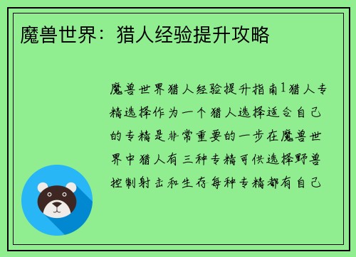 魔兽世界：猎人经验提升攻略